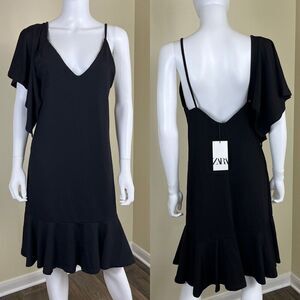 Zara Women's Size M Black Asymmetric Ruffled One Shoulder Puplum NEW Shift Dress